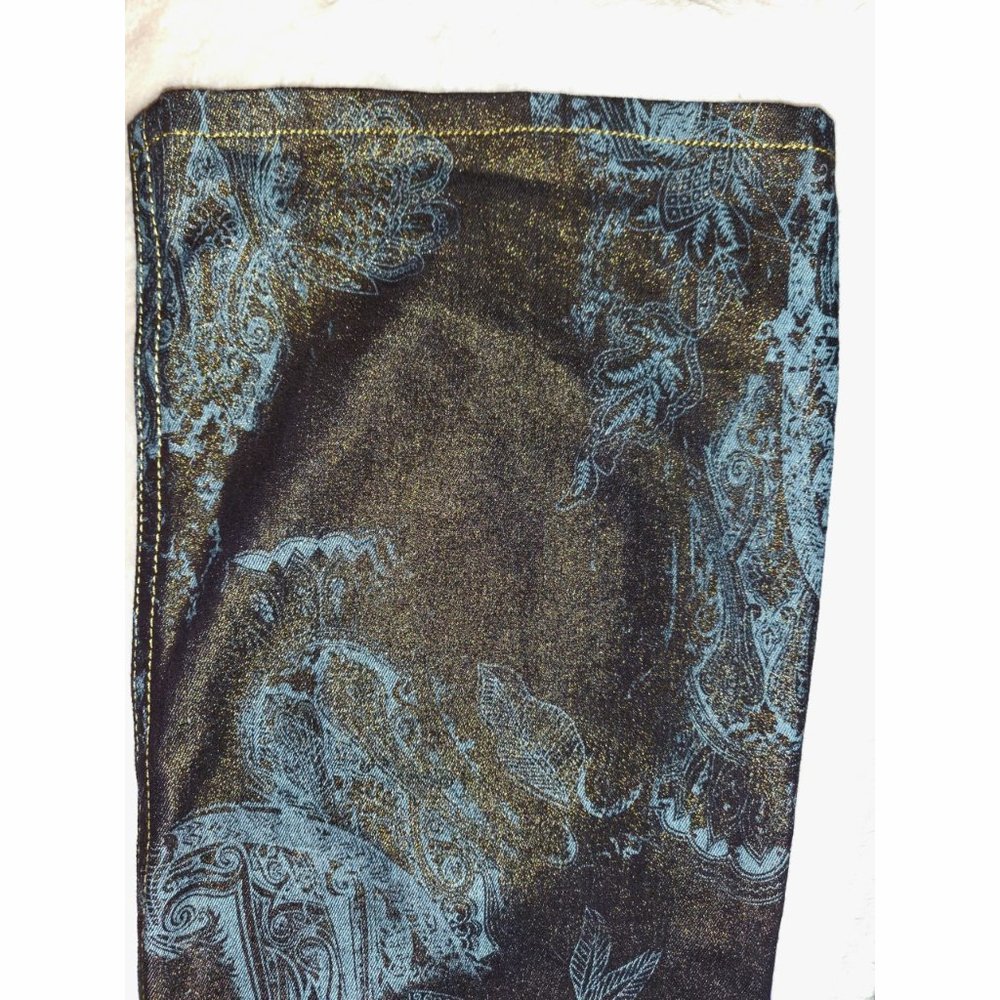 NWOT Cache gold glitter metallic blue paisley jeans 15" across waist - Picture 4 of 10